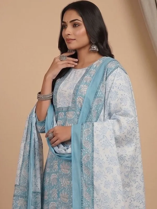 Blue_Floral_Printed_Cotton_Blend_Kurta_Patiala_Dupatta_Set