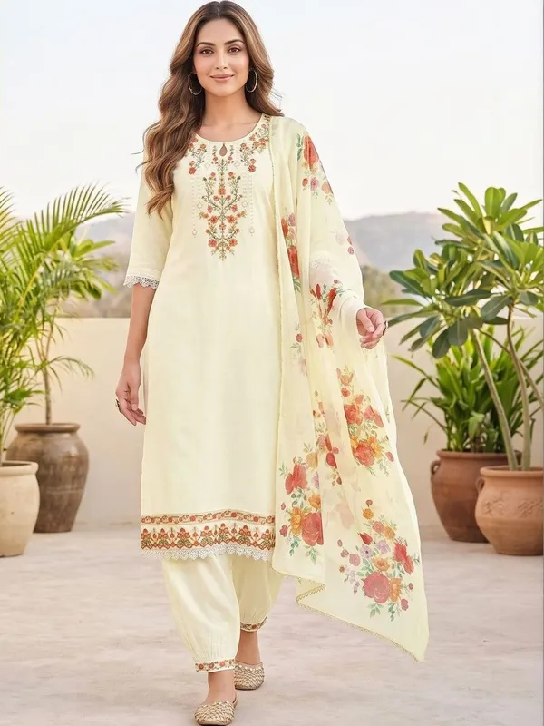 Cream_Floral_Embroidered_Silk_Blend_Kurta_Patiala_Dupatta_Set