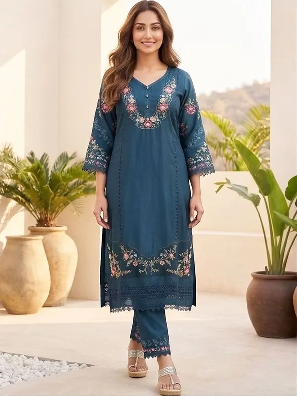 Teal_Floral_Embroidered_Cotton_Kurta_Trouser_Dupatta_Set