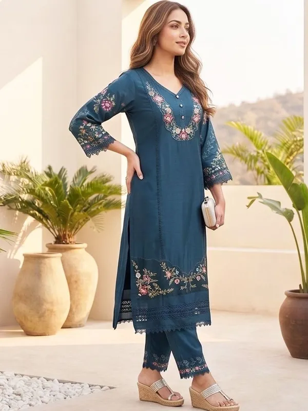 Teal_Floral_Embroidered_Cotton_Kurta_Trouser_Dupatta_Set