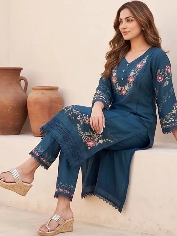 Teal_Floral_Embroidered_Cotton_Kurta_Trouser_Dupatta_Set