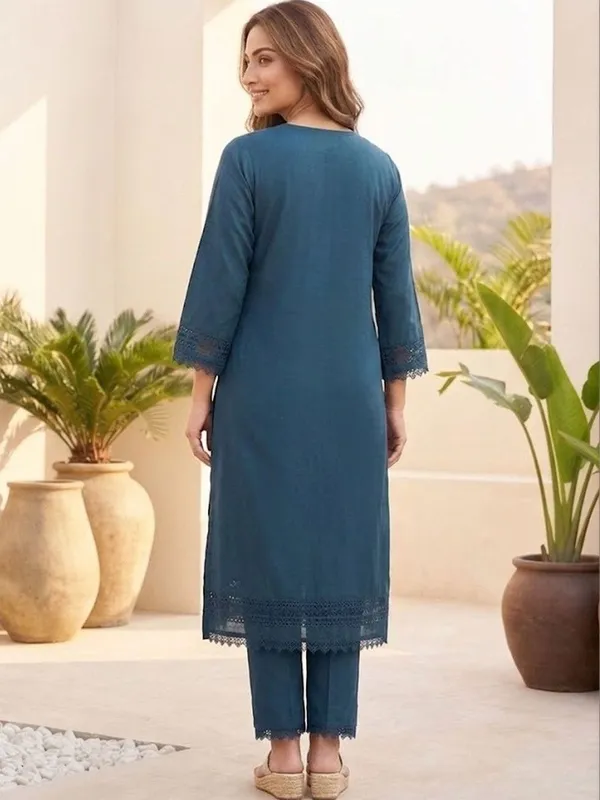Teal_Floral_Embroidered_Cotton_Kurta_Trouser_Dupatta_Set