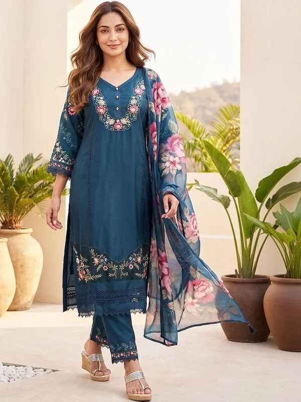 Teal_Floral_Embroidered_Cotton_Kurta_Trouser_Dupatta_Set