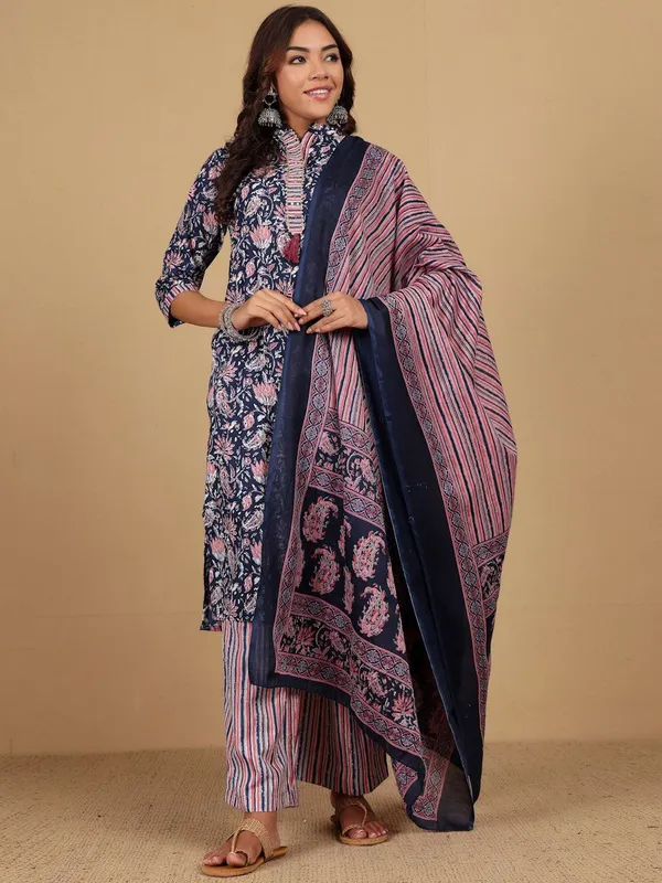 Navy_Blue_Floral_Printed_Cotton_Blend_Kurta_Palazzo_Dupatta_Set