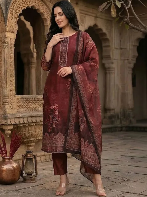 Maroon_Floral_Printed_CFloraleri_Silk_Kurta_Trouser_Dupatta_Set