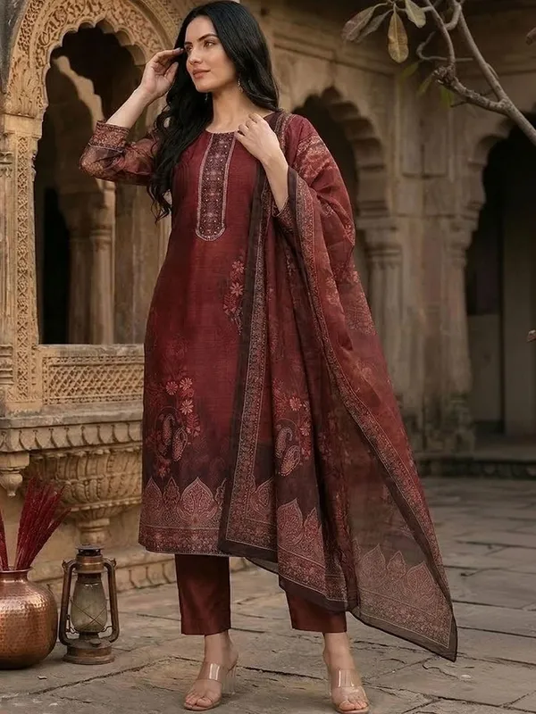 Maroon_Floral_Printed_CFloraleri_Silk_Kurta_Trouser_Dupatta_Set
