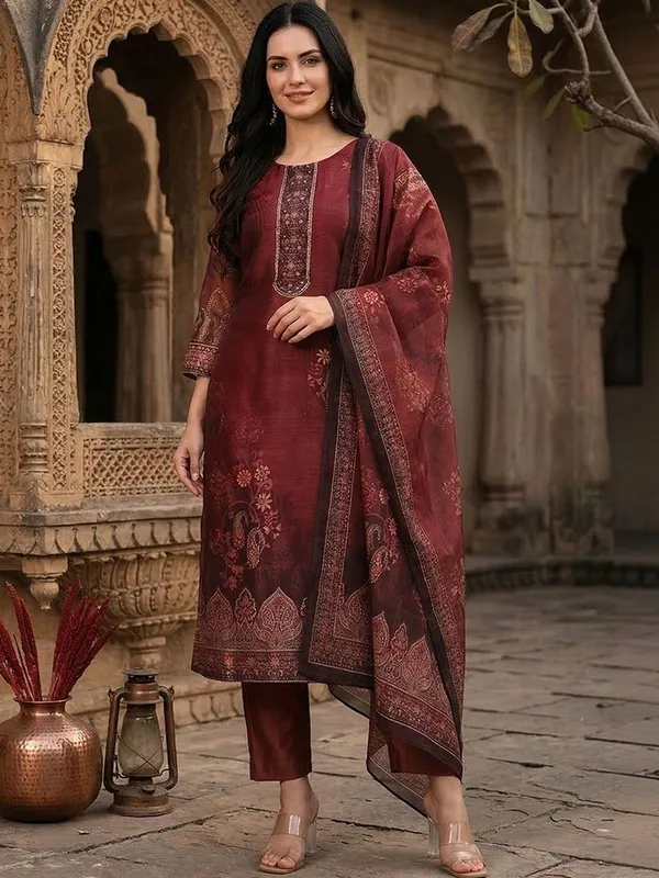 Maroon_Floral_Printed_CFloraleri_Silk_Kurta_Trouser_Dupatta_Set