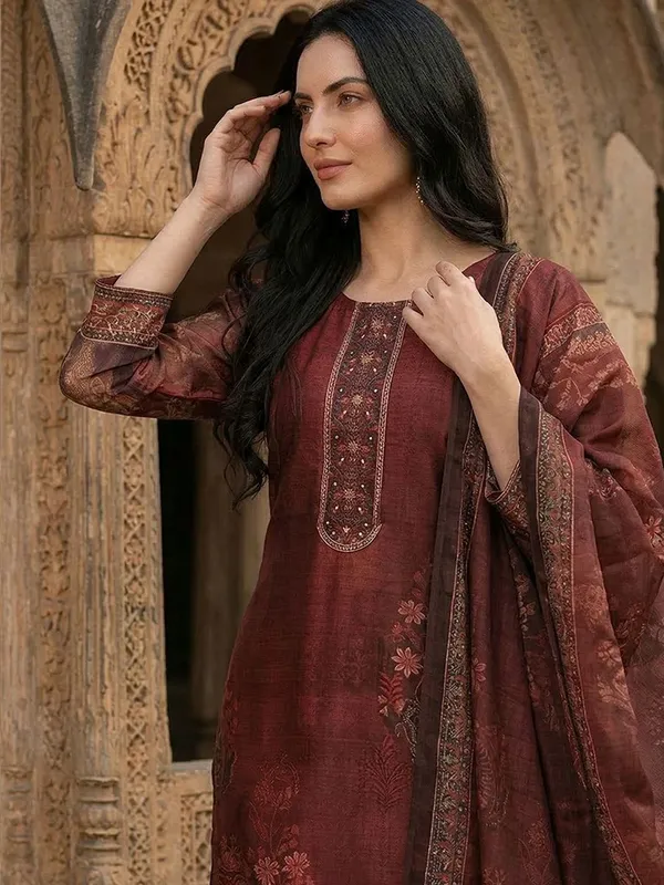 Maroon_Floral_Printed_CFloraleri_Silk_Kurta_Trouser_Dupatta_Set
