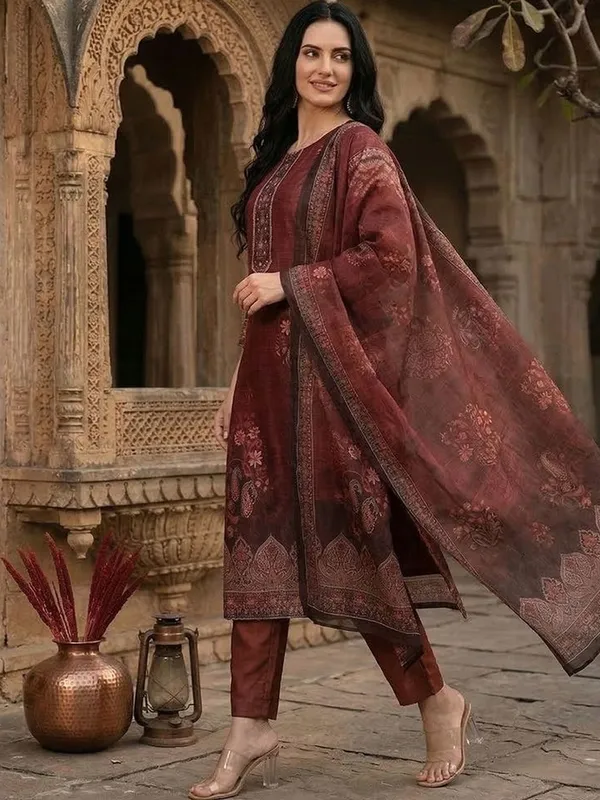 Maroon_Floral_Printed_CFloraleri_Silk_Kurta_Trouser_Dupatta_Set