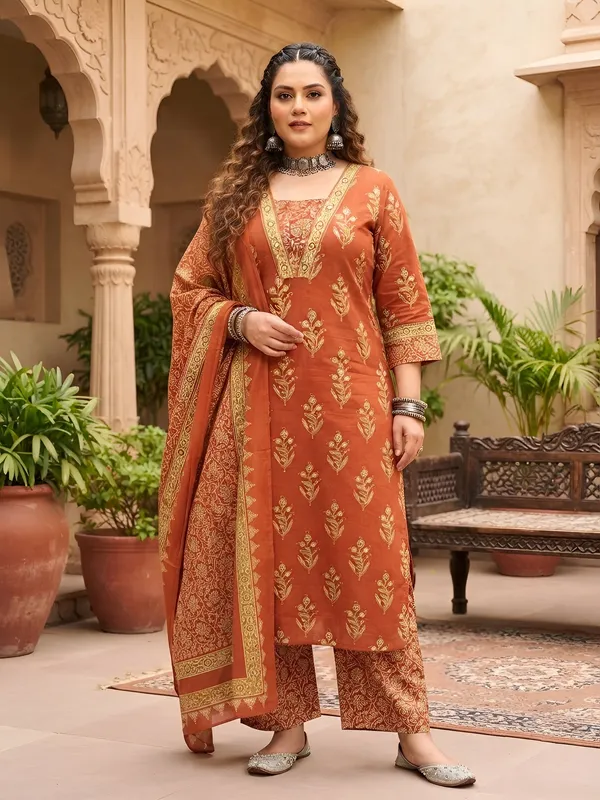 Rust_Floral_Printed_Cotton_Kurta_Set