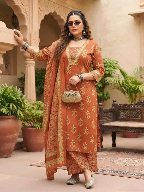 Rust_Floral_Printed_Cotton_Kurta_Set