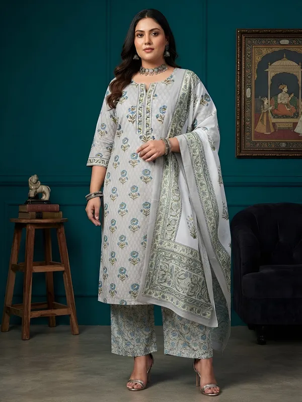 Grey_Floral_Printed_Cotton_Kurta_Set