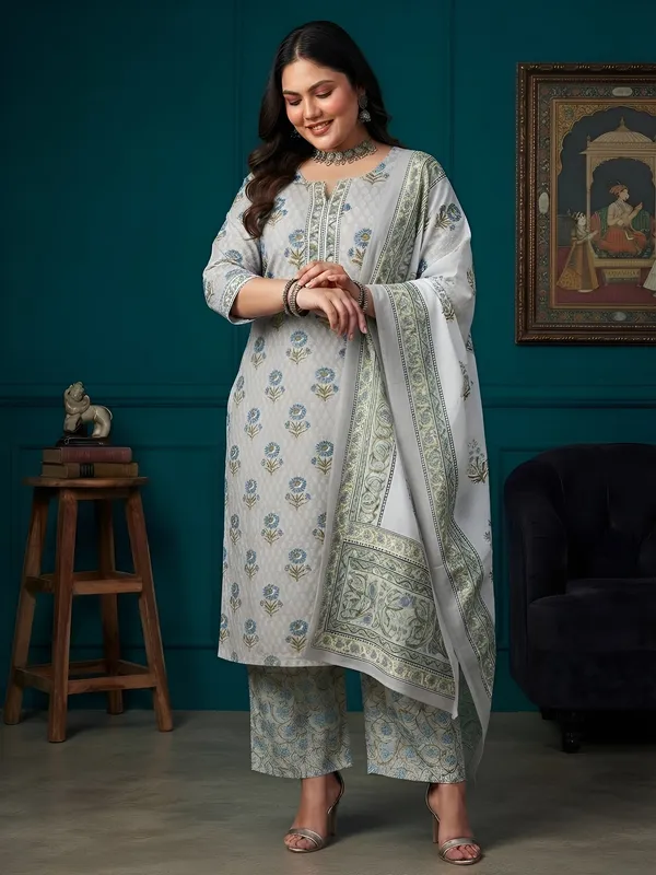 Grey_Floral_Printed_Cotton_Kurta_Set
