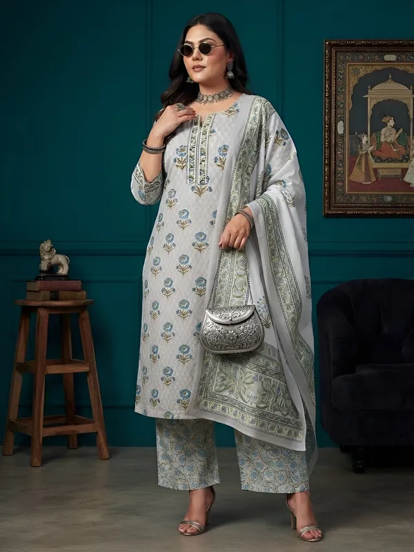 Grey_Floral_Printed_Cotton_Kurta_Set