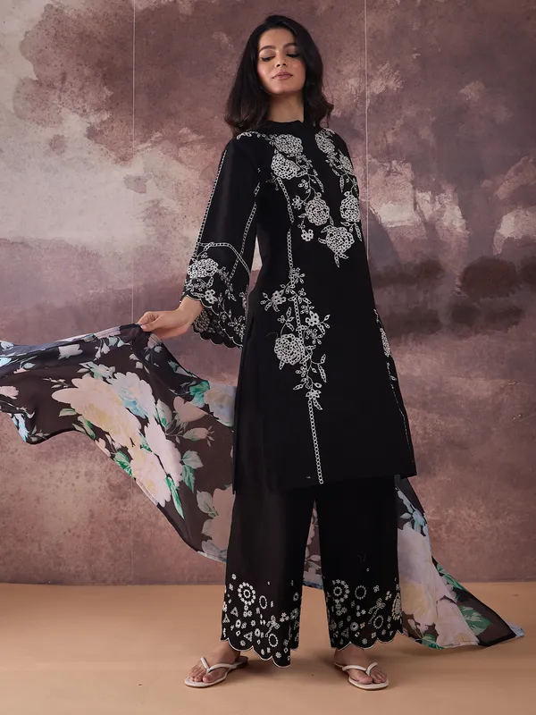 Black_Embroidered_Pure_Cotton_Kurta_Trouser_Dupatta_Set