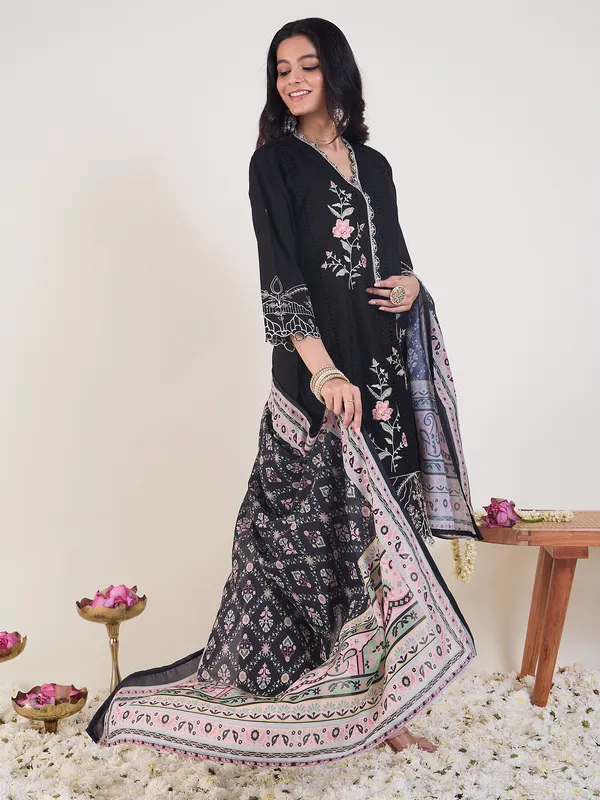 Black_Embroidered_Pure_Cotton_Kurta_Trouser_Dupatta_Set