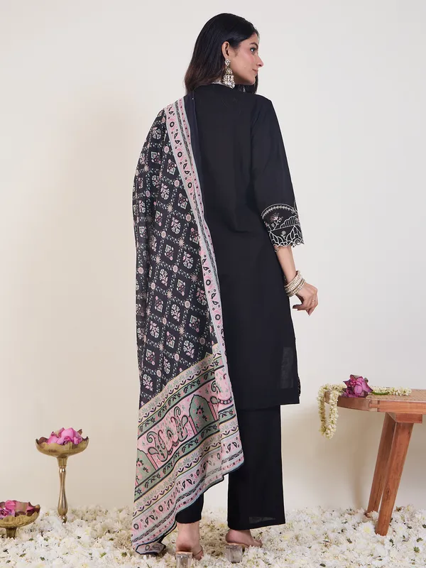 Black_Embroidered_Pure_Cotton_Kurta_Trouser_Dupatta_Set