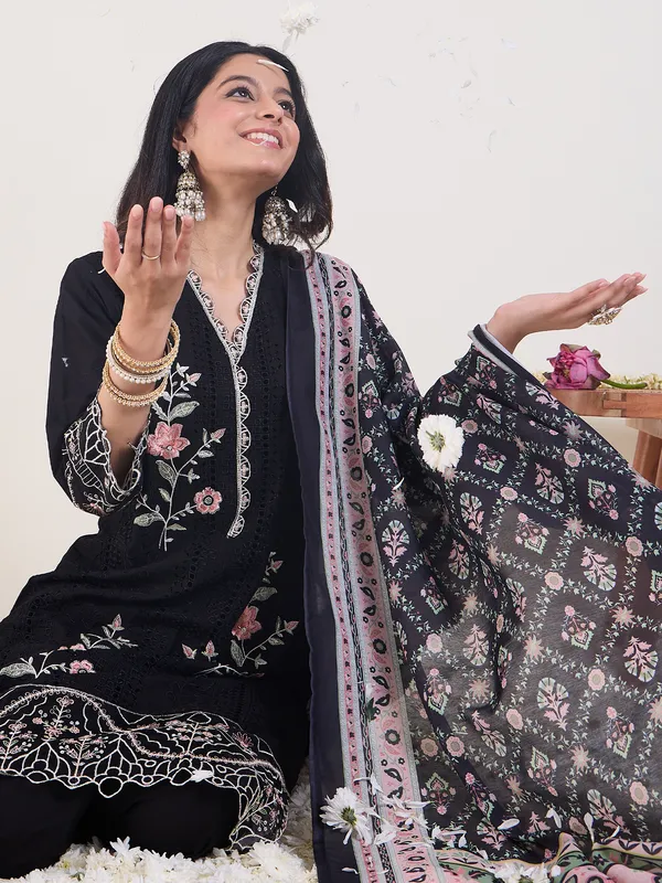 Black_Embroidered_Pure_Cotton_Kurta_Trouser_Dupatta_Set