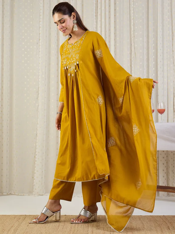 Yellow_Embroidered_Pure_Cotton_Kurta_Trouser_Dupatta_Set