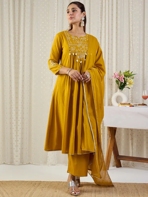 Yellow_Embroidered_Pure_Cotton_Kurta_Trouser_Dupatta_Set