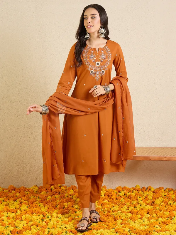 Orange_Embroidered_Pure_Cotton_Kurta_Trouser_Dupatta_Set