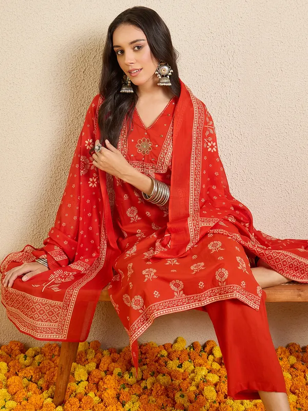 Orange_Printed_Pure_Cotton_Kurta_Trouser_Dupatta_Set