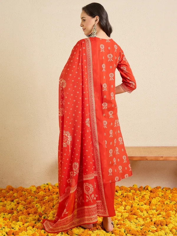 Orange_Printed_Pure_Cotton_Kurta_Trouser_Dupatta_Set