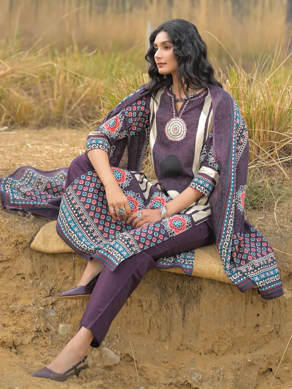 Burgundy_Pure_Cotton_Printed_Kurta_Trouser_Dupatta_Set
