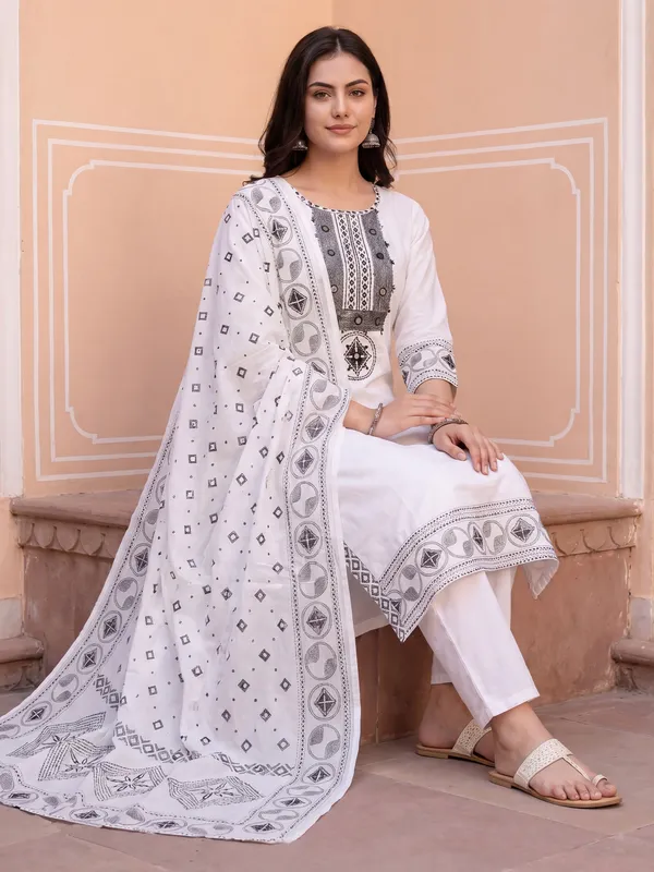 White_Embroidered_Straight_Kurta_Trousers_With_Dupatta_Set