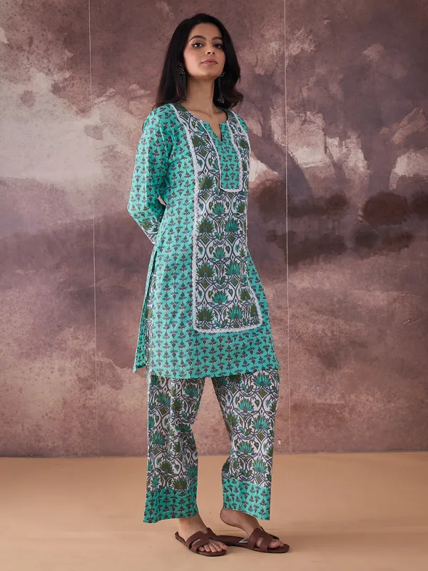 Green_Printed_Pure_Cotton_Kurta_Trouser_Set