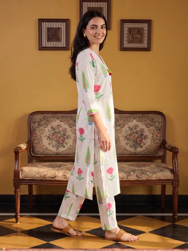 White_Printed_Pure_Cotton_Kurta_Trouser_Set
