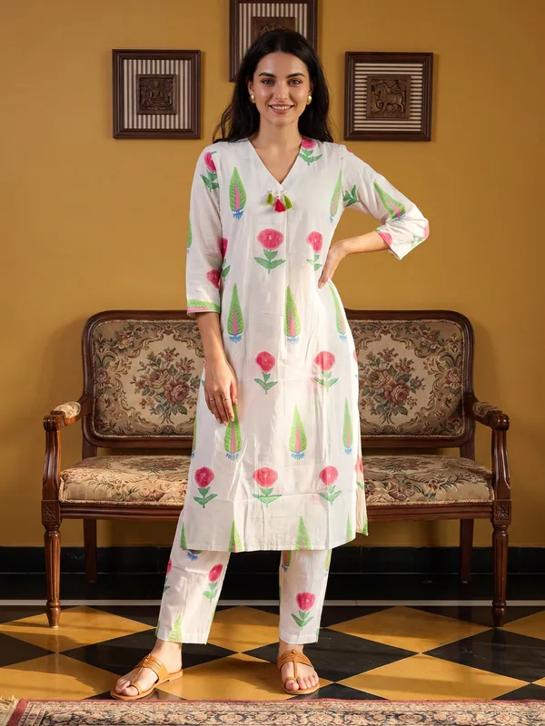 White_Printed_Pure_Cotton_Kurta_Trouser_Set