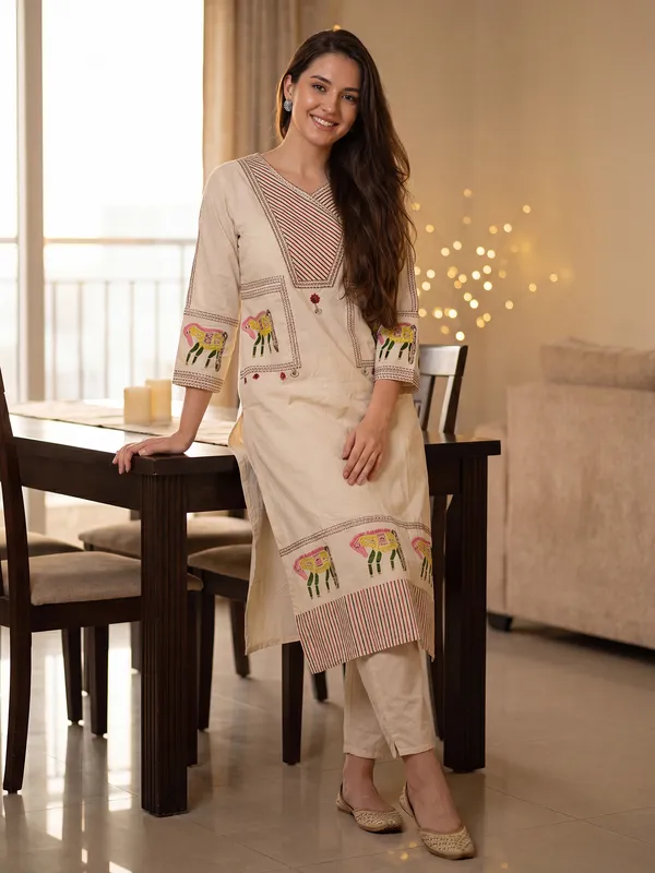 Beige_Embroidered_Pure_Cotton_Kurta_Trouser_Set