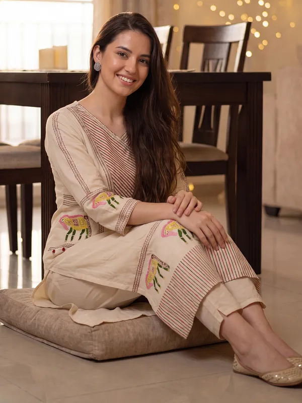 Beige_Embroidered_Pure_Cotton_Kurta_Trouser_Set