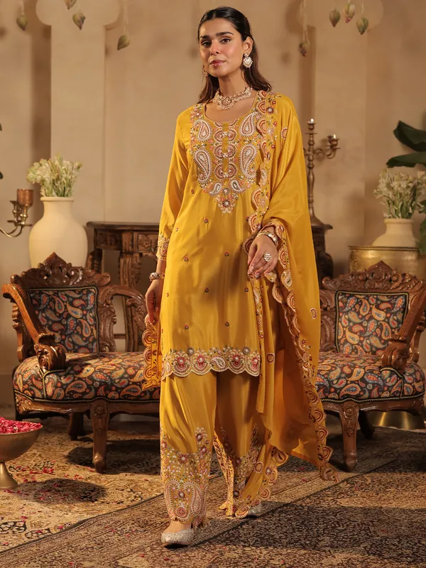 Mustard_Embroidered_Chinon_Kurta_Trouser_Dupatta_Set