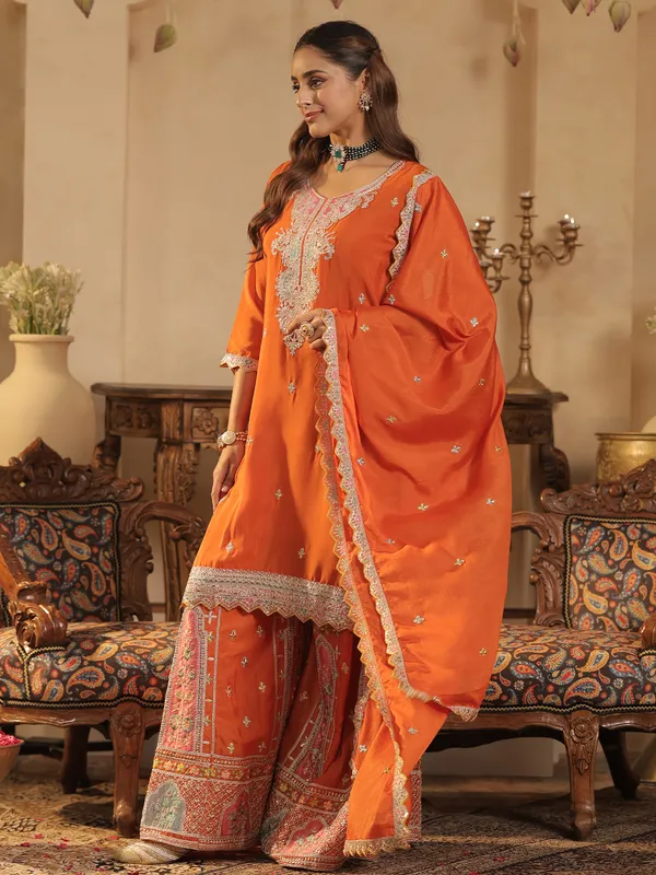 Orange_Embroidered_Chinon_Kurta_Trouser_Dupatta_Set