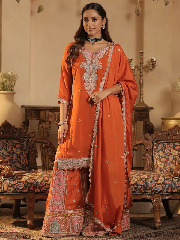 Orange_Embroidered_Chinon_Kurta_Trouser_Dupatta_Set