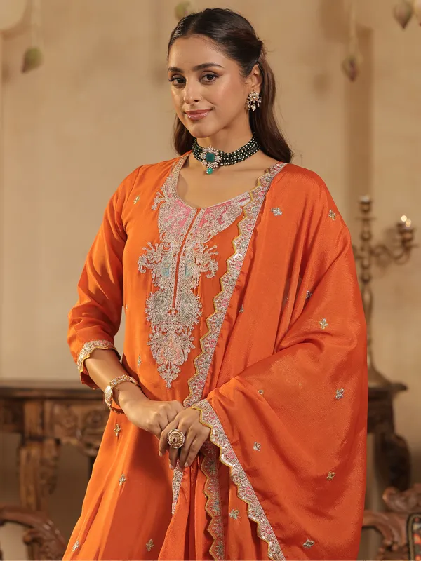 Orange_Embroidered_Chinon_Kurta_Trouser_Dupatta_Set