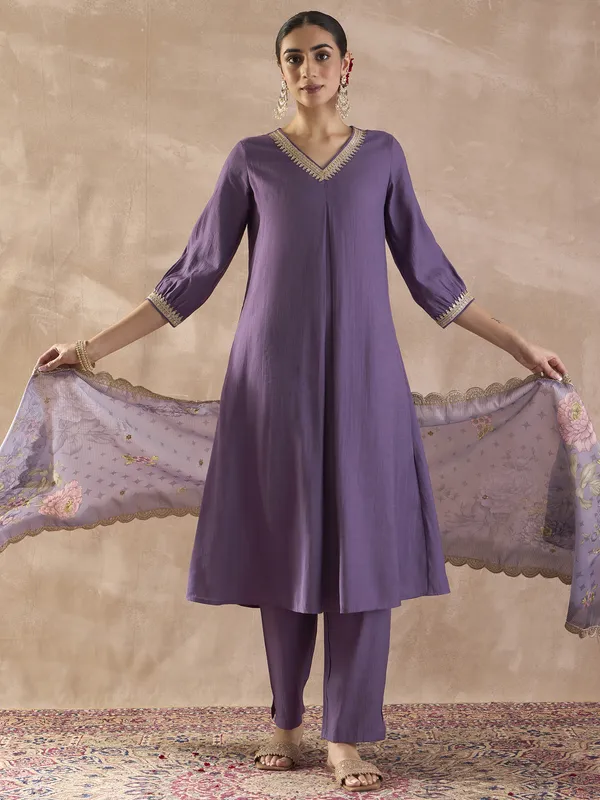 Purple_Solid_Silk_Blend_Kurta_Trouser_Dupatta_Set