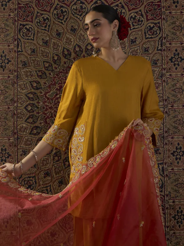 Yellow_Embroidered_Silk_Blend_Kurta_Trouser_Dupatta_Set
