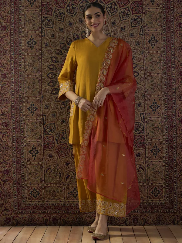 Yellow_Embroidered_Silk_Blend_Kurta_Trouser_Dupatta_Set