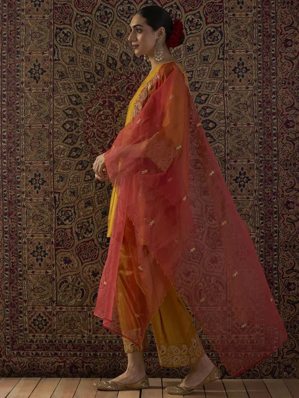 Yellow_Embroidered_Silk_Blend_Kurta_Trouser_Dupatta_Set