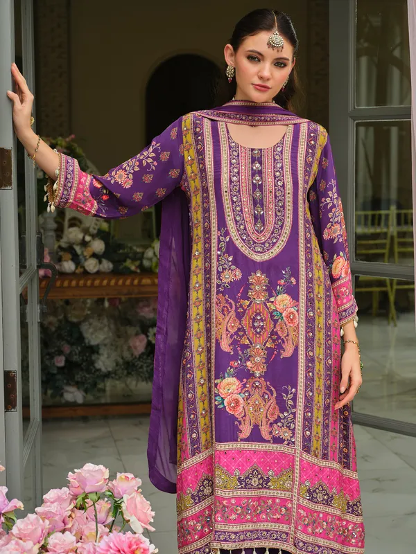 Purple_Printed_Pure_Silk_Kurta_Trouser_Dupatta_Set