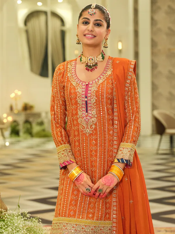 Orange_Embroidered_Chinon_Kurta_Trouser_Dupatta_Set