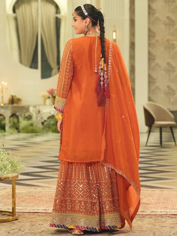 Orange_Embroidered_Chinon_Kurta_Trouser_Dupatta_Set