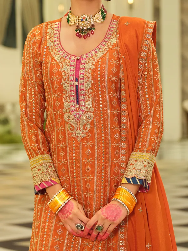 Orange_Embroidered_Chinon_Kurta_Trouser_Dupatta_Set