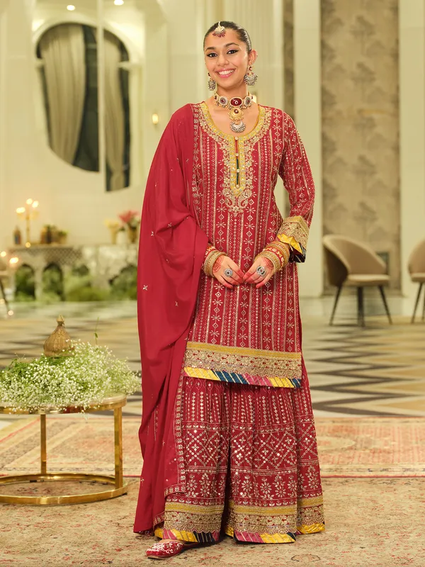 Red_Embroidered_Chinon_Kurta_Trouser_Dupatta_Set