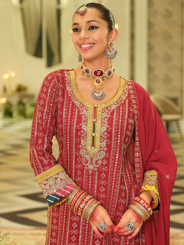 Red_Embroidered_Chinon_Kurta_Trouser_Dupatta_Set