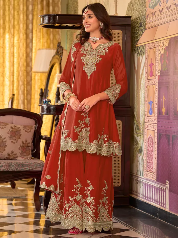 Orange_Embroidered_Chinon_Kurta_Trouser_Dupatta_Set