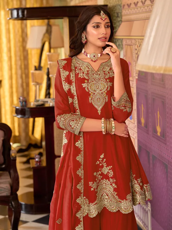 Orange_Embroidered_Chinon_Kurta_Trouser_Dupatta_Set